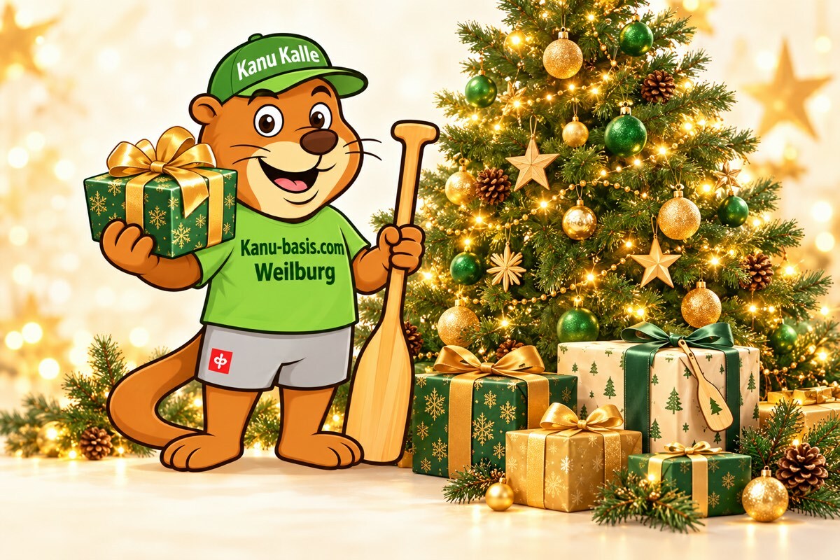 Kanu Kalle mit Weihnachtsbaum und Geschenken – Weihnachtsillustration